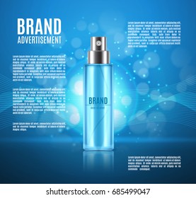 Cosmetic ads template. Spray bottle on a glitter background. 3D illustration. Design for ads or magazine. EPS10 vector.