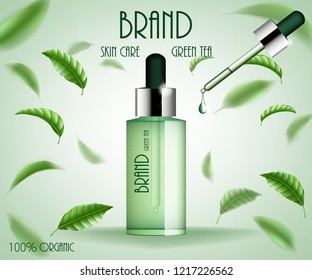 Cosmetic ads template treatment. Green tea skin care serum bottle with tea leaves and essence drop. 3d cosmetic product design illustration