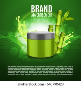 Cosmetic ads template. Tube of cream based on bamboo milk on a glitter background. Design for ads or magazine. 3d illustration. EPS10 vector