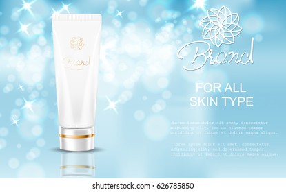 Cosmetic ads template, vector realistic illustration cosmetic mockup  isolated on sky blue bokeh background
