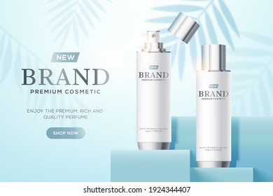 Cosmetic ads template with white bottles on blue square podium stage and palm leaves in 3d illustration