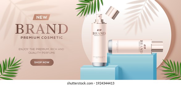 Cosmetic ads template with white bottles on blue square podium stage and palm leaves in 3d illustration