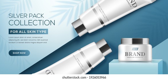 Cosmetic ads template with white bottles on blue background and palm leaves shadows in 3d illustration