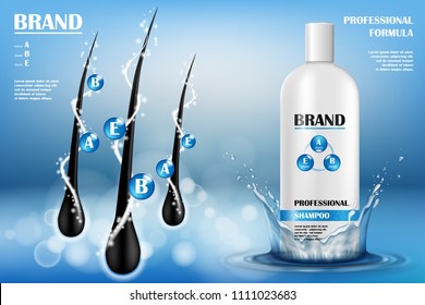 Cosmetic ads template. White plastic tube with hair shampoo and water splash. Shampoo Product brand mockup design. Vector illustration.