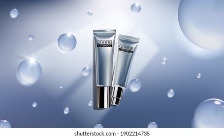 Cosmetic ads template.Cosmetic products with waterdrop on blue background.Window Light Shadow. banner,