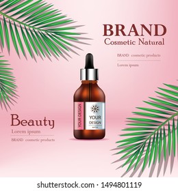 Cosmetic ads with tropical leaves on pink background.
