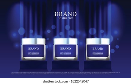 A cosmetic advertisement set on a stand and blue cloth as the main scene with lighting