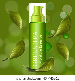 Cosmetic advertisement shiny green design falling leaves icon