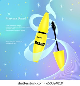 Cosmetic Advertising Banner, Catalogue, Poster, Yellow mascara with brush on a light background with sparkles and swirls. Packaging Design, Product Promotion. 3D vector illustration.