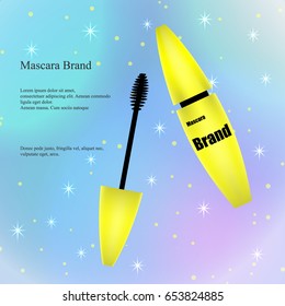 Cosmetic Advertising Banner, Catalogue, Poster, Yellow mascara with brush on a light background with sparkles. Packaging Design, Product Promotion. 3D vector illustration.