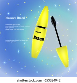 Cosmetic Advertising Banner, Catalogue, Poster, Yellow mascara with brush on a light background with sparkles. Packaging Design, Product Promotion. 3D vector illustration.