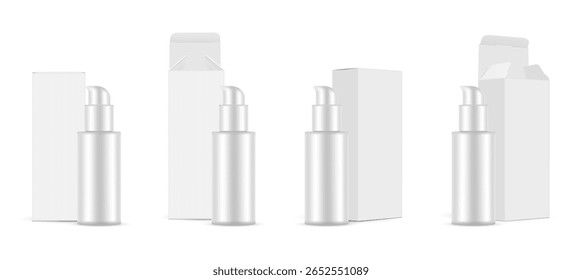 Cosmetic airless pump bottles mockups with blank cardboard boxes. Includes both closed and opened box versions. Perfect for skincare and beauty product presentations or pharmaceutical cosmetics
