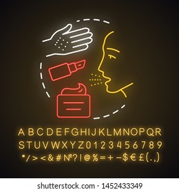 Cosmetic allergy neon light concept icon. Allergic reaction to beauty products idea. Sensitivity to flavors in makeup. Glowing sign with alphabet, numbers and symbols. Vector isolated illustration