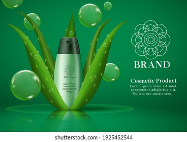 Cosmetic aloe vera product vector template design. Cosmetic shampoo product with aloe vera plant extract for hair shower mock up commercial advertisement. Vector illustration 