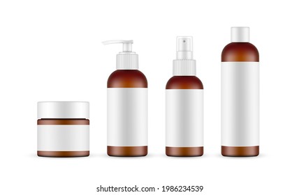 Cosmetic Amber Bottles Mockups with Labels Isolated on White Background. Vector illustration