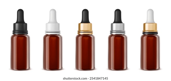 Frasco conta-gotas âmbar cosmético com pipeta mockup para soro ou óleo. gotas 3d preto e branco zombam. Frasco de vidro médico realista claro com essência ou projeto de modelo de frasco de loção