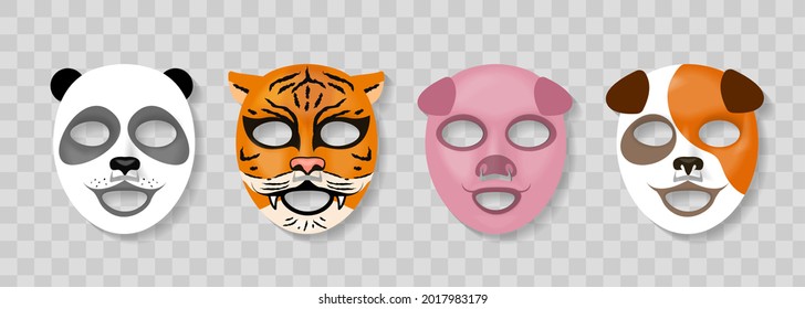 Cosmetic Animal Face Mask. Skin Caring Cotton Masks With Funny Animal Faces Design, Panda And Tiger, Pig And Dog. Realistic Collagen Girls Beauty Products, Wildlife Decor Vector Isolated Set