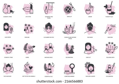 cosmetic and aromatherapy icon set, candle and incense, massage bag, essential oil, fragrances 