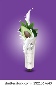 Cosmetic avocado banner magazine template for skincare products on purple geometric background. Cream splashing. 3d jars of cosmetics realistic illustration vector.