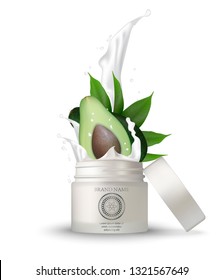 Cosmetic avocado banner magazine template for skincare products on purple geometric background. Cream splashing. 3d jars of cosmetics realistic illustration vector.