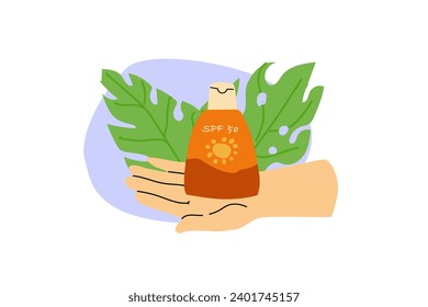 Cosmetic background concept for spf cosmetics. Vector illustration with monstera leaf. Concept for protection skin in resort, in summer time, on beach. 