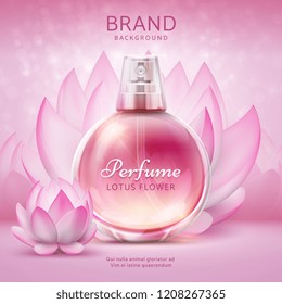 Cosmetic background with lotus. Pink lily flowers with cosmetic product skincare spray bottle. Lotus design ad vector 3d poster. Aroma bottle perfume spray realistic, perfume aromatic illustration