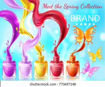 Cosmetic background, open bottles with nail polish with splashes in form of butterflies, 3d realistic vector . Mock up, template packaging design with brand information, promo poster for nail lacquer