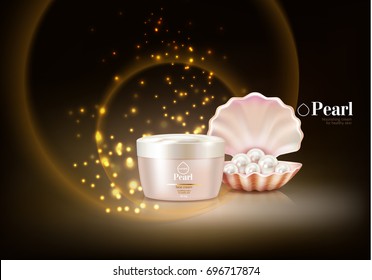 Cosmetic background with pearl and particles with purple cream packaging and nourishing cream for healthy skin text vector illustration