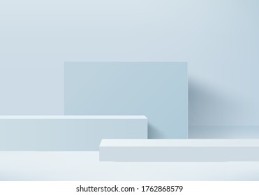 cosmetic background podium. minimal blue scene with geometrical forms. Cylinder podium in blue pastel background. Scene to show cosmetic product, Showcase. 3d vector render for product display.