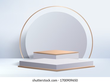 cosmetic background podium. minimal scene with geometrical forms. Cylinder podium in cream is gray color background. Scene to show cosmetic product, Showcase. 3d vector render for product display.