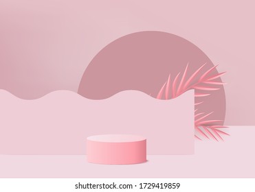 cosmetic background podium. minimal scene with geometrical forms. Cylinder podium in pink background with fern leaves. Scene to show cosmetic product, Showcase. 3d vector render for product display.