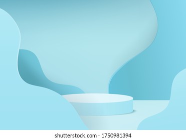 cosmetic background podium. minimal scene with geometrical forms. Cylinder podium in cream background with curve blue. stand to show cosmetic product, Showcase. 3d vector render for product display.