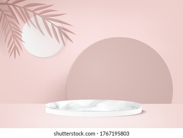 cosmetic background podium. minimal scene with geometrical forms. Cylinder podium in pink background with fern leaves. Scene to show cosmetic product, Showcase. 3d vector render for product display.