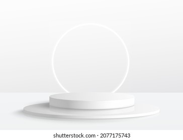 Cosmetic background podium. minimal scene with geometrical forms. Cylinder podium in grey background with light on stand. Scene to show cosmetic product, Showcase. 3d vector render for product display