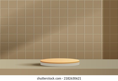 Cosmetic background and premium podium podium on the table with brown tile texture wall scene and display for product presentation branding and packaging presentation. studio stage vector design.