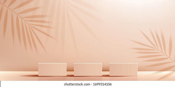 Cosmetic background for product, branding and packaging presentation. geometry form square molding on podium stage with shadow of leaf background. vector design.