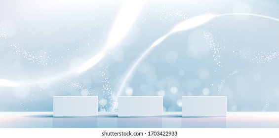 Cosmetic background for product, branding and packaging presentation. geometry form square molding on podium stage with blue glittering light effect background. vector design.