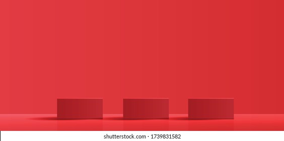 Cosmetic background for product, branding and packaging presentation. geometry form square molding on podium stage with red background. vector design.