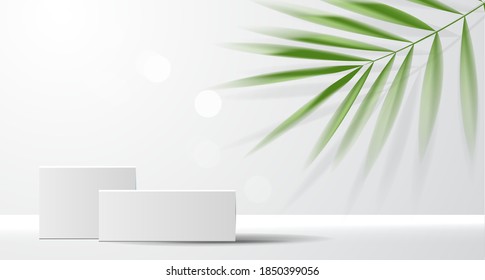 Cosmetic background for product, branding and packaging presentation. geometry form square molding on podium stage with tropical leaf background. vector design.