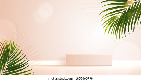 Cosmetic background for product, branding and packaging presentation. geometry form square molding on podium stage with tropical leaf background. vector design.