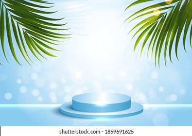 Cosmetic background for product, branding and packaging presentation. geometry form circle molding on podium stage with tropical leaf background. vector design.