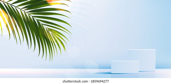 Cosmetic background for product, branding and packaging presentation. geometry form square molding on podium stage with tropical leaf background. vector design.