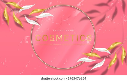 Cosmetic background for product, branding and packaging presentation. Golden line round frame with 3d leaf. Golden luxury realistic border. Premium label bright design. Vector illustration EPS10