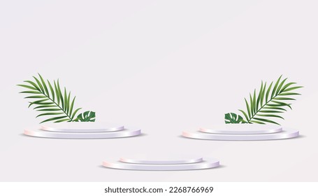 Cosmetic background for product, branding and packaging presentation. geometry form cylindrical  molding on podium stage with tropical leaf background. 