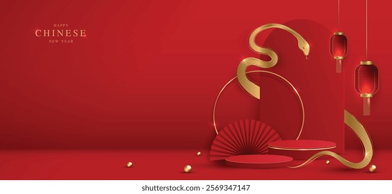 Cosmetic background for product, branding and packaging presentation. geometry form square molding on podium stage with red glittering light effect background. vector design.