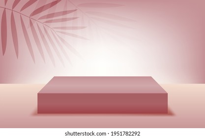 Cosmetic Background With Tropical Palm Leaves Shadow For Product Demo , Branding And Packaging Presentation. Minimal Podium Or Platform. 3D Vector Illustration
