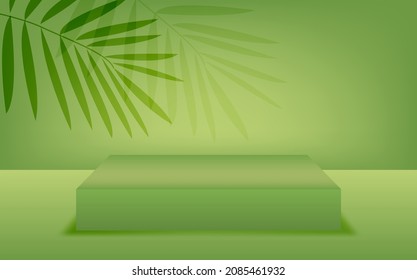 Cosmetic Background With Tropical Palm Leaves Shadow For Product Demo , Branding And Packaging Presentation. Minimal Podium Or Platform In Green Colors. 3D Vector Illustration