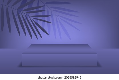 Cosmetic Background With Tropical Palm Leaves Shadow For Product Demo, Branding And Packaging Presentation. Minimal Podium Or Platform In Very Peri Colors. 3D Vector Illustration