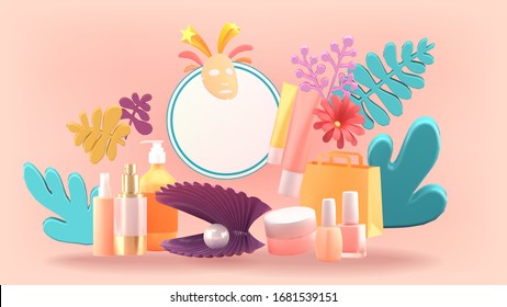 Cosmetic background with  white circle  surrounded by cosmetic product and leaves on pink background.