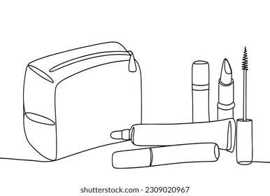 Cosmetic bag with cosmetics nearby. Mascara, lipstick, concealer and highlighter. Different cosmetics for make-up. International Make-Up Day. One line drawing for different uses. Vector illustration.